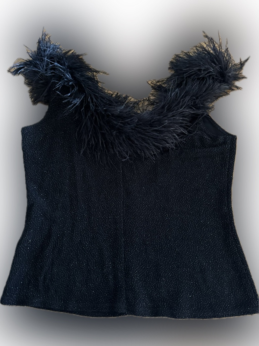 Vintage Jeffrey & Dara Evenings Black Sparkly Tank Top With Feather Trim Size 16